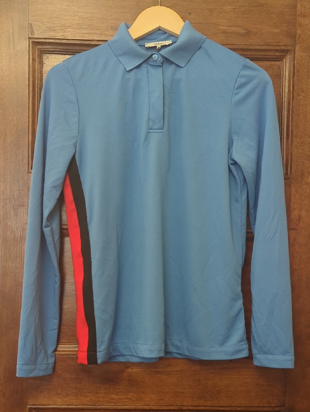 Ganni Blue Long Sleeve Polo Top | Red Black Side Stripe | Size S